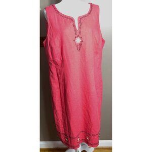Vtg Coral Linen Blend Midi Shift Dress Boho Festival Coastal Embellished Wom 18